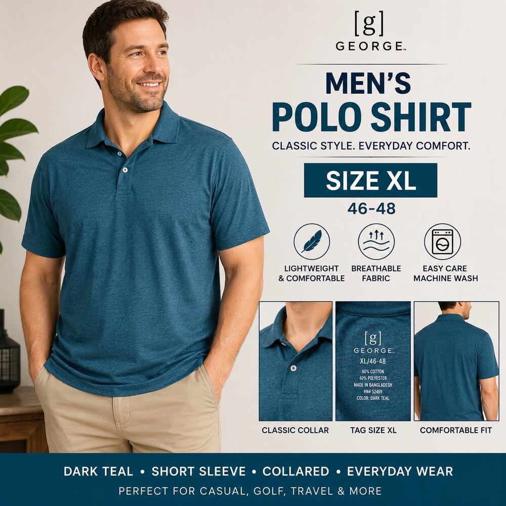 George Mens Polo Shirt Tee Teal Blue Short Sleeve Collared Casual Golf XL